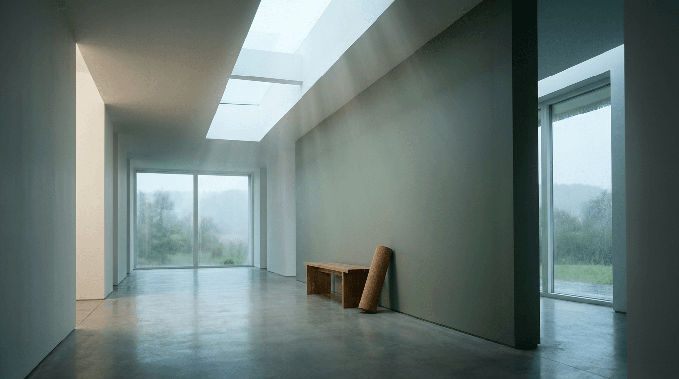 Overview of the spacious, sunlit stretching studio with a table, plants, and shelves.