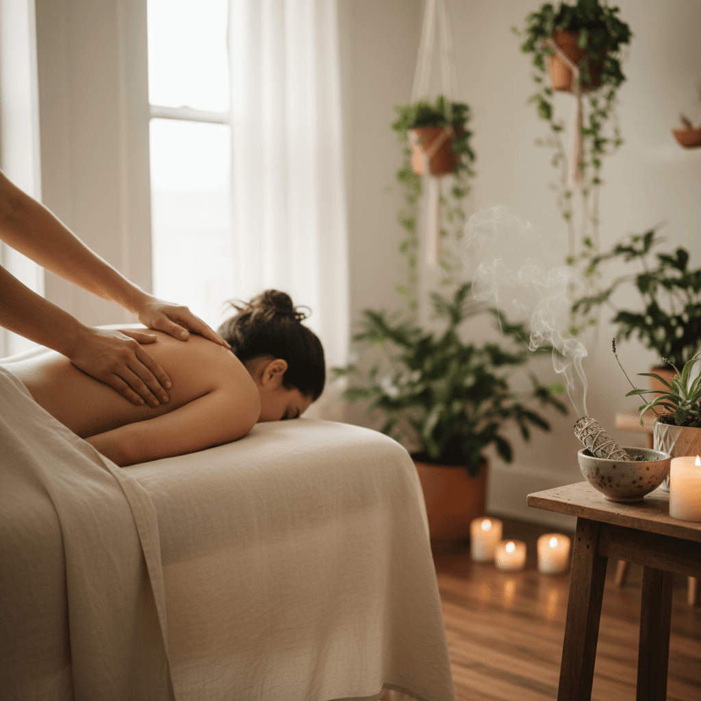 Specialist applies gentle pressure to a client's shoulder during a seated assisted stretch.