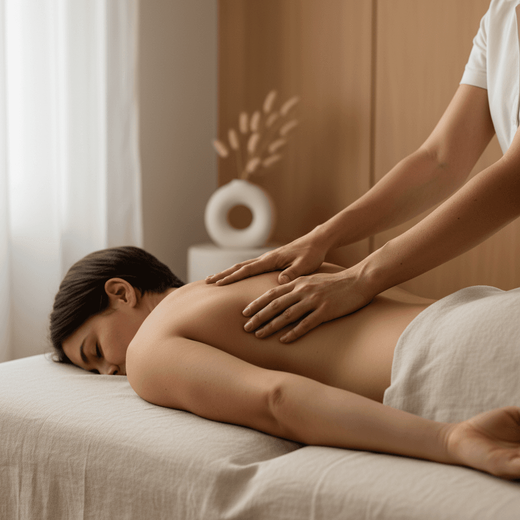 Specialist guides a client's leg during a sidelying stretch on a low table.