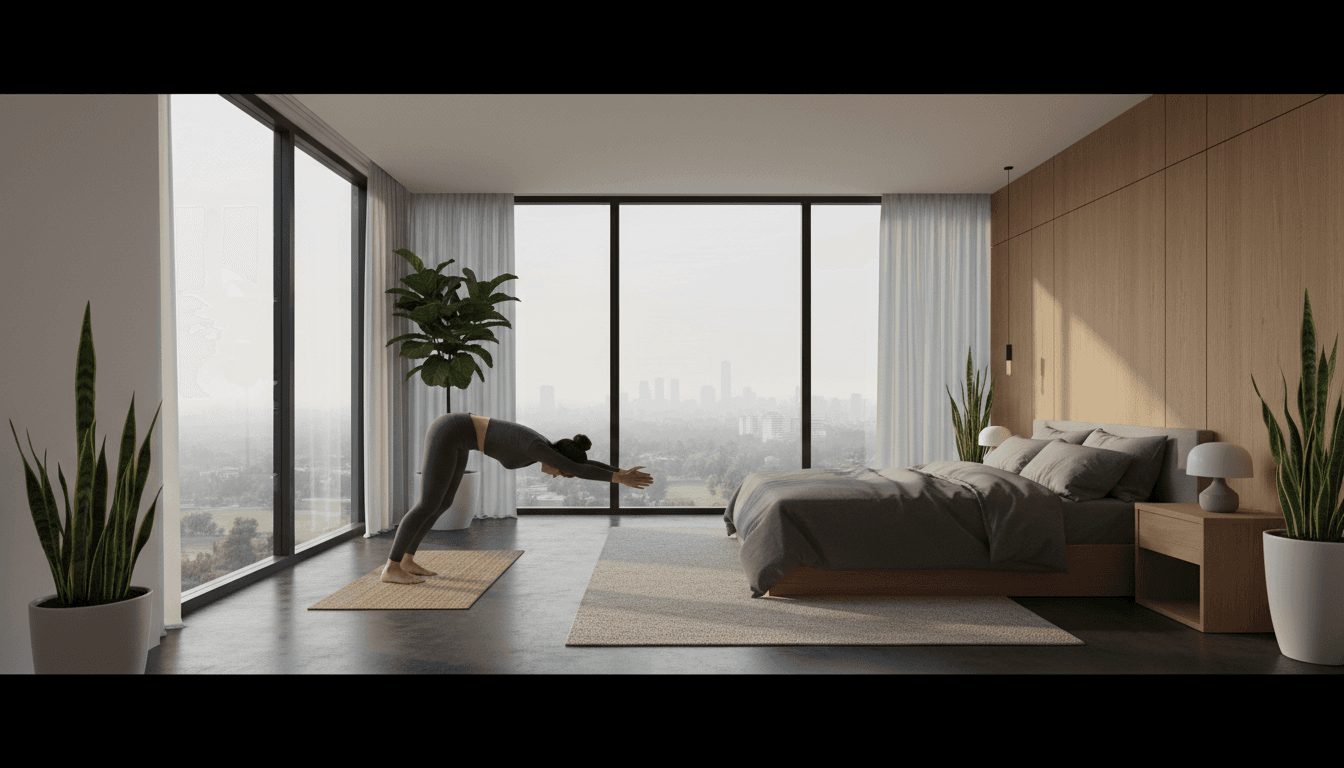 Client lies on a stretching table while a specialist guides a hamstring stretch in a sunlit studio.